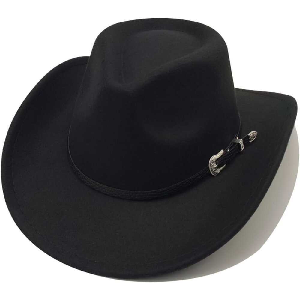 Unisex Black Braided Band Buckle With Western Classic Fedora Cowboy Felt Hat
